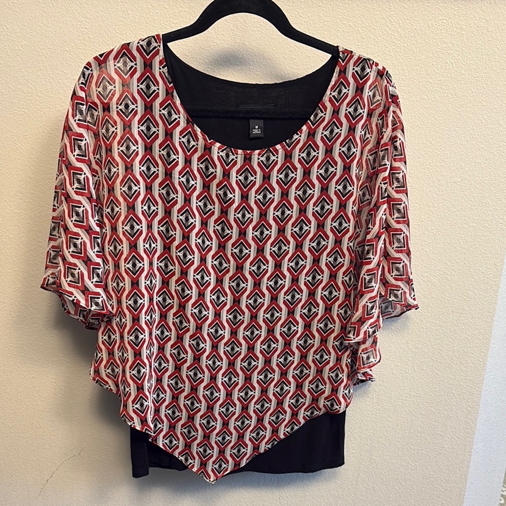 Alyx Asymmetrical Red and White Flutter Sleeve Blouse